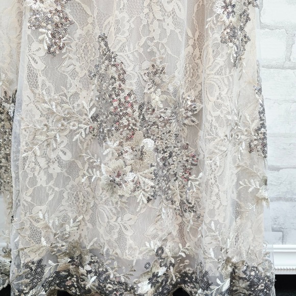 Mac Duggal Women 12 Sequin Beaded Lace Flutter Sleeve Maxi Gown Taupe Champagne - Picture 6 of 14